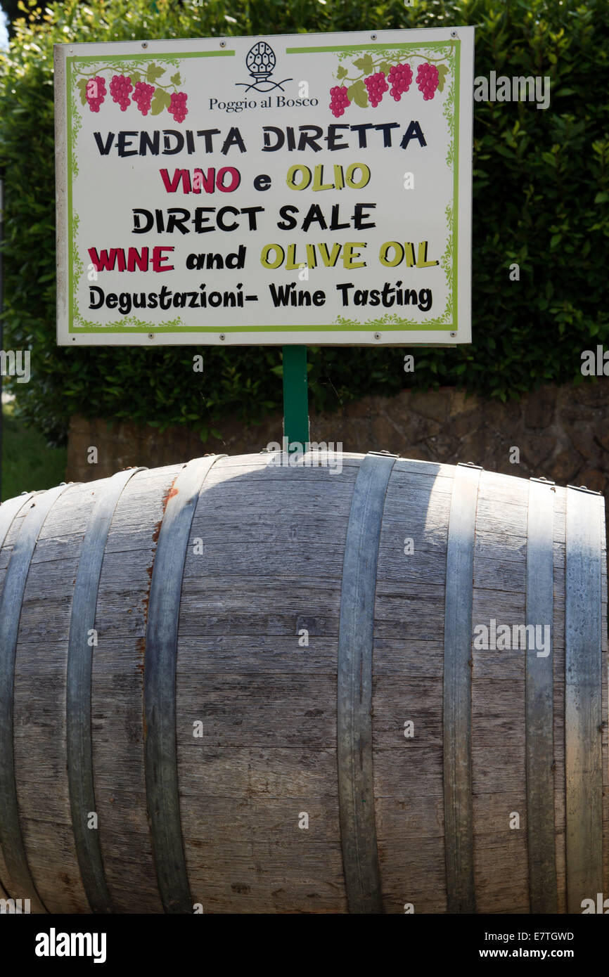 Wine shop, olive oil, sign, Tavarnelle Val Di Pesa, Chianti Region, Tuscany, Italy Stock Photo