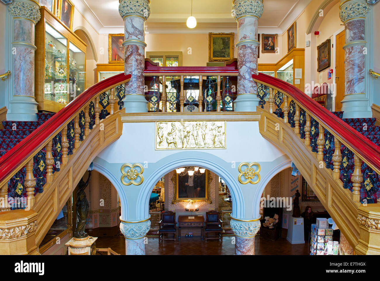 Main staircase in Cliffe Castle. Keighley, West Yorkshire, England UK