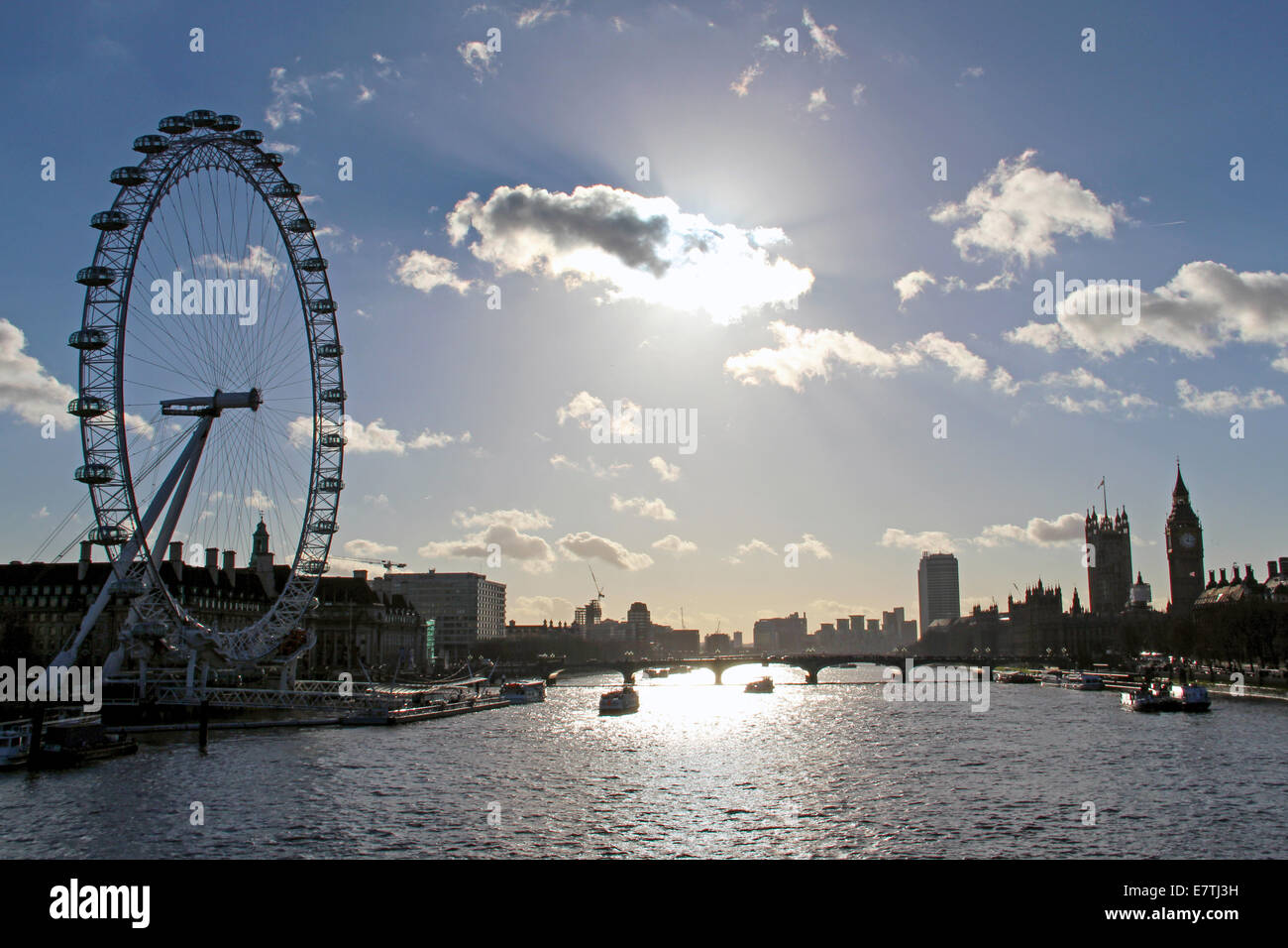 England: London Eye, Palace of Westminster and Big Ben (left to right). Photo from 11. January 2014. Stock Photo