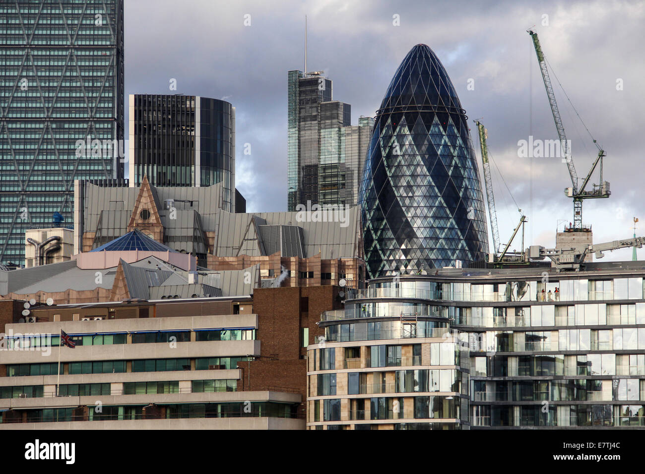 England: City of London with 30 St Mary Axe (the Gherkin). Photo from 10. January 2014. Stock Photo