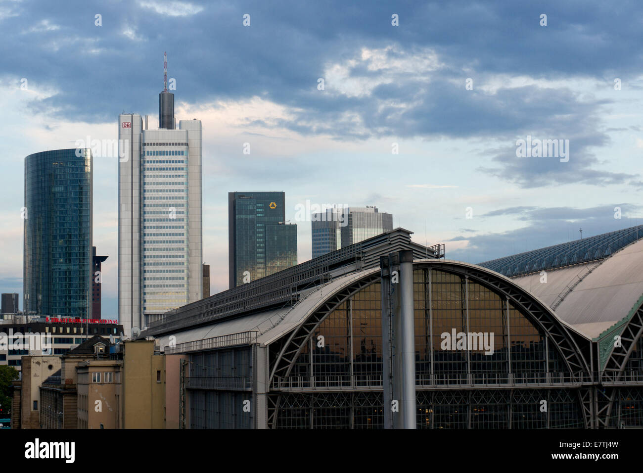 Germany: Skyline of Frankfurt with Skyper, Silberturm, Gallileo, Eurotower und Central Station (left to right). Photo from 20. September 2014. Stock Photo