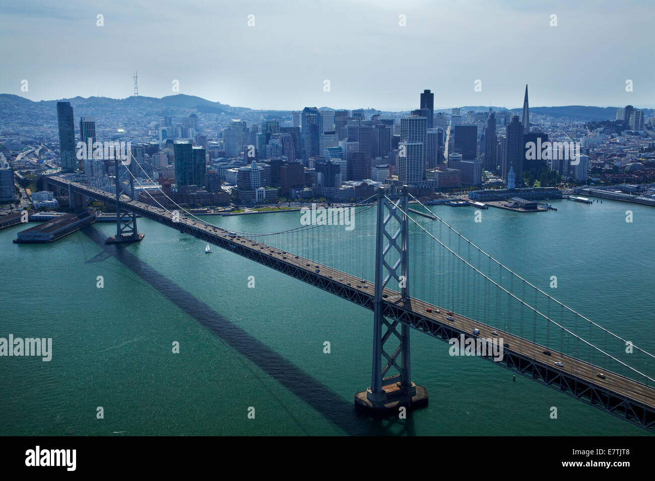 San Francisco–Oakland Bay Bridge (Bay Bridge), crossing San Francisco Bay to downtown San Francisco, California, USA - aerial Stock Photo