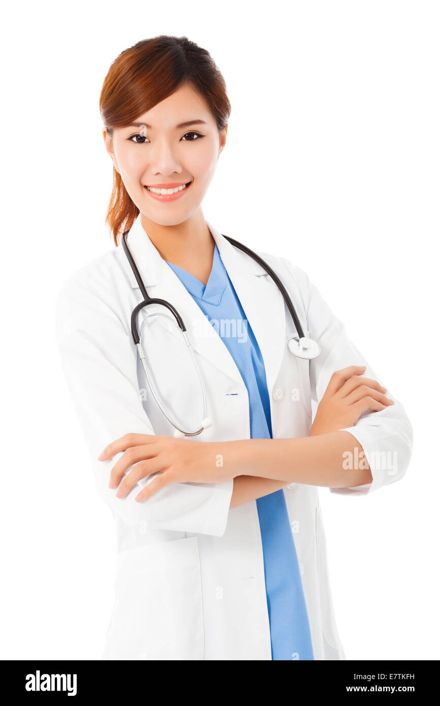 full length of young smiling professional Doctor over white background Stock Photo