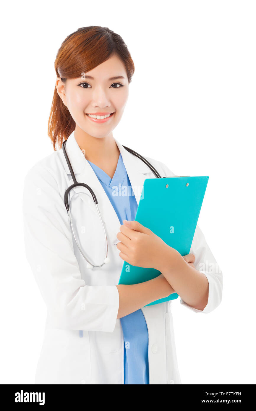 full length young smiling professional Doctor with document over white background Stock Photo