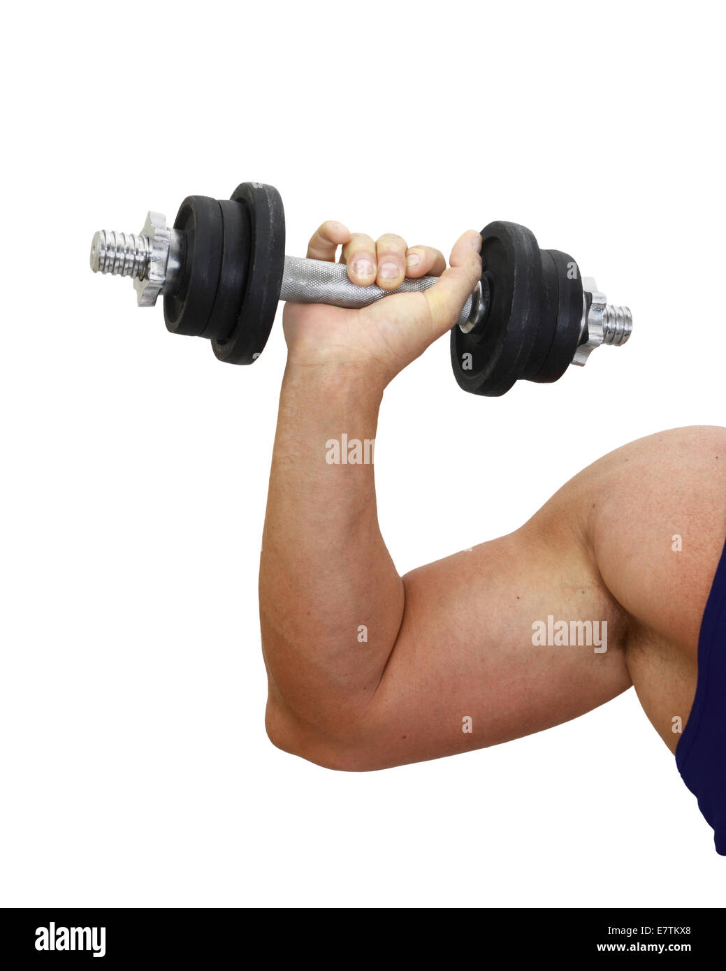 Muscular arm with dumbbell isolated on white background Stock Photo