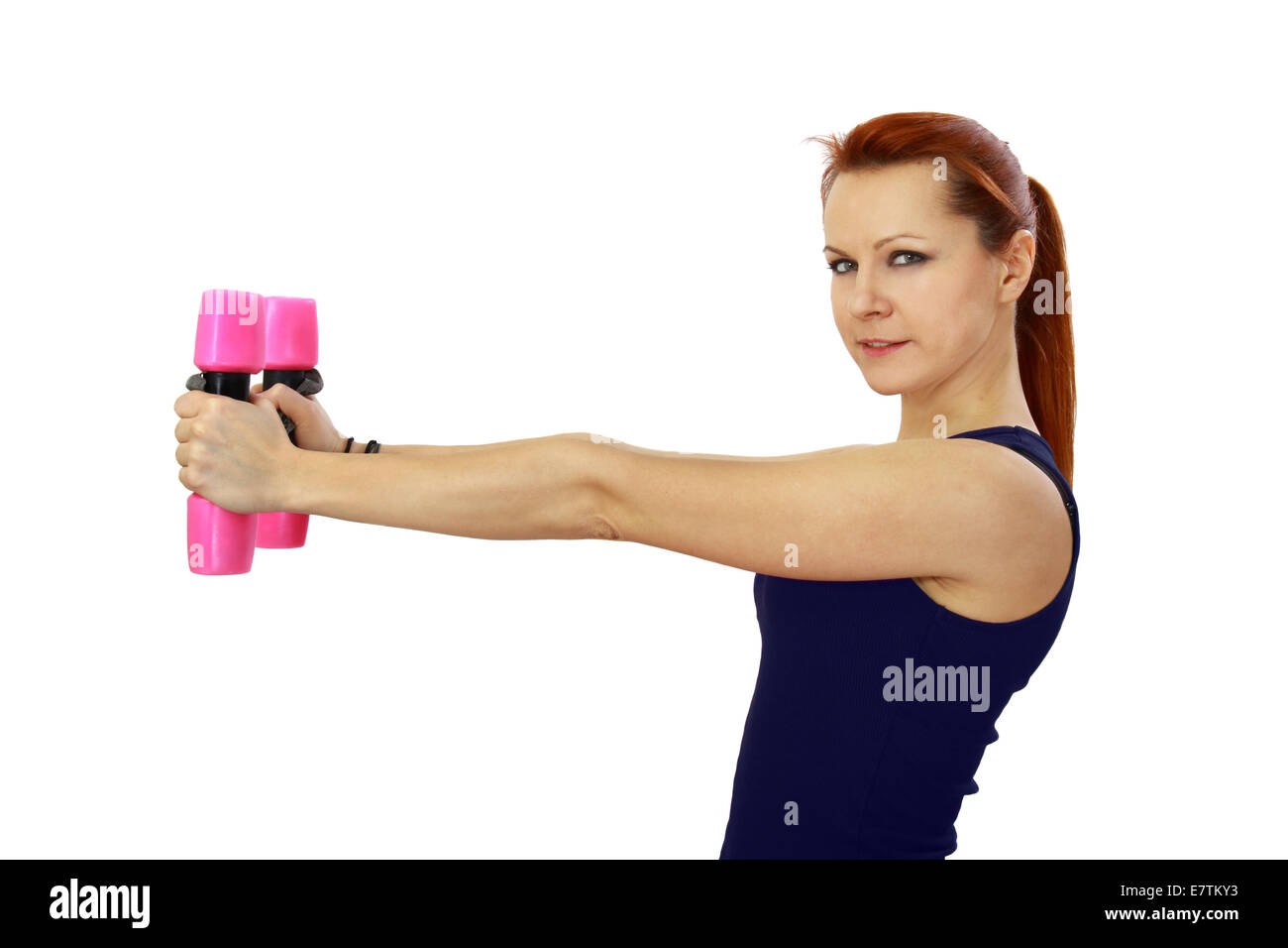Sport woman with pink barbells in hands isolated on white background Stock Photo