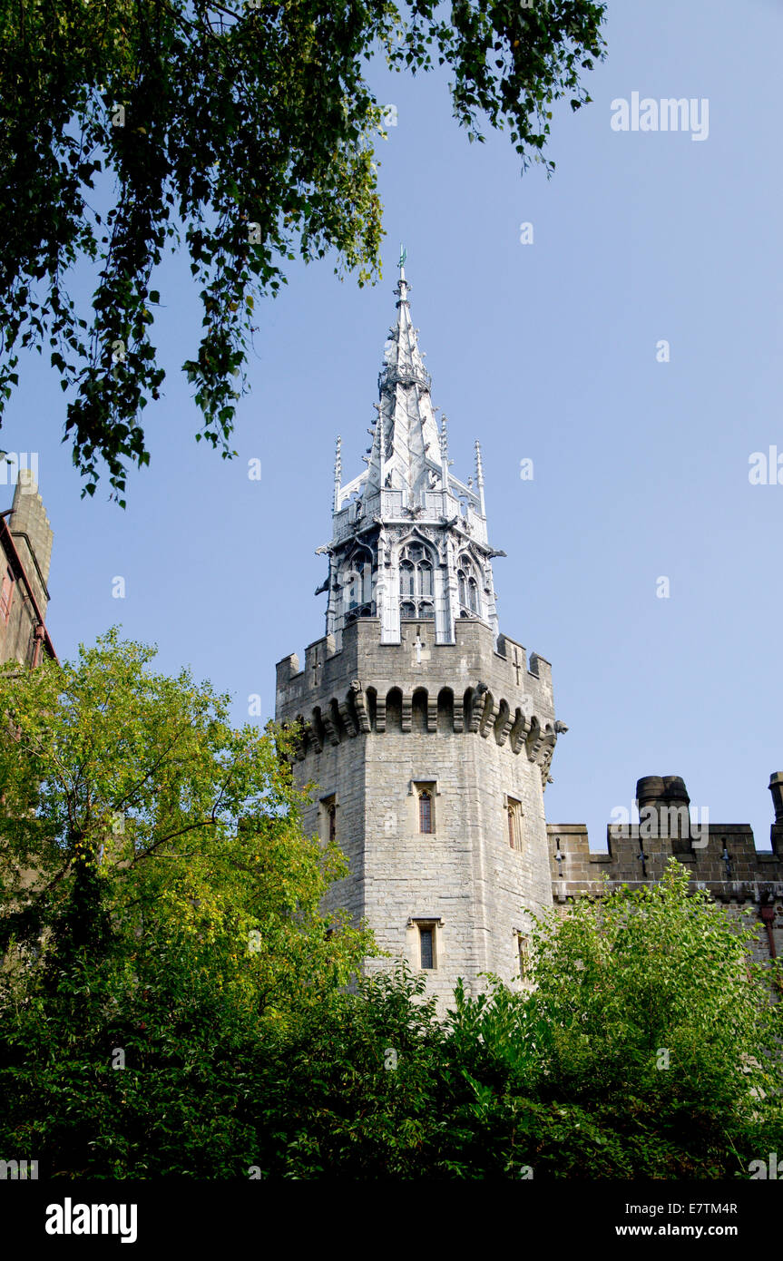 Beauchamp Tower with 19th century tower Cardiff Castle from Bute Park