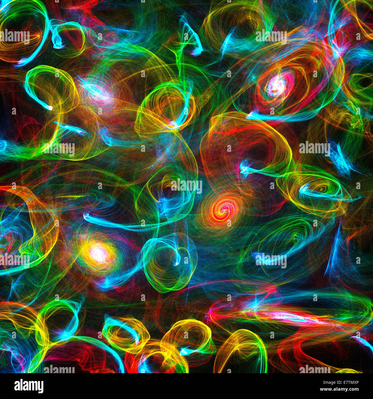 Multicoloured abstract patterns against black background, computer artwork. Stock Photo