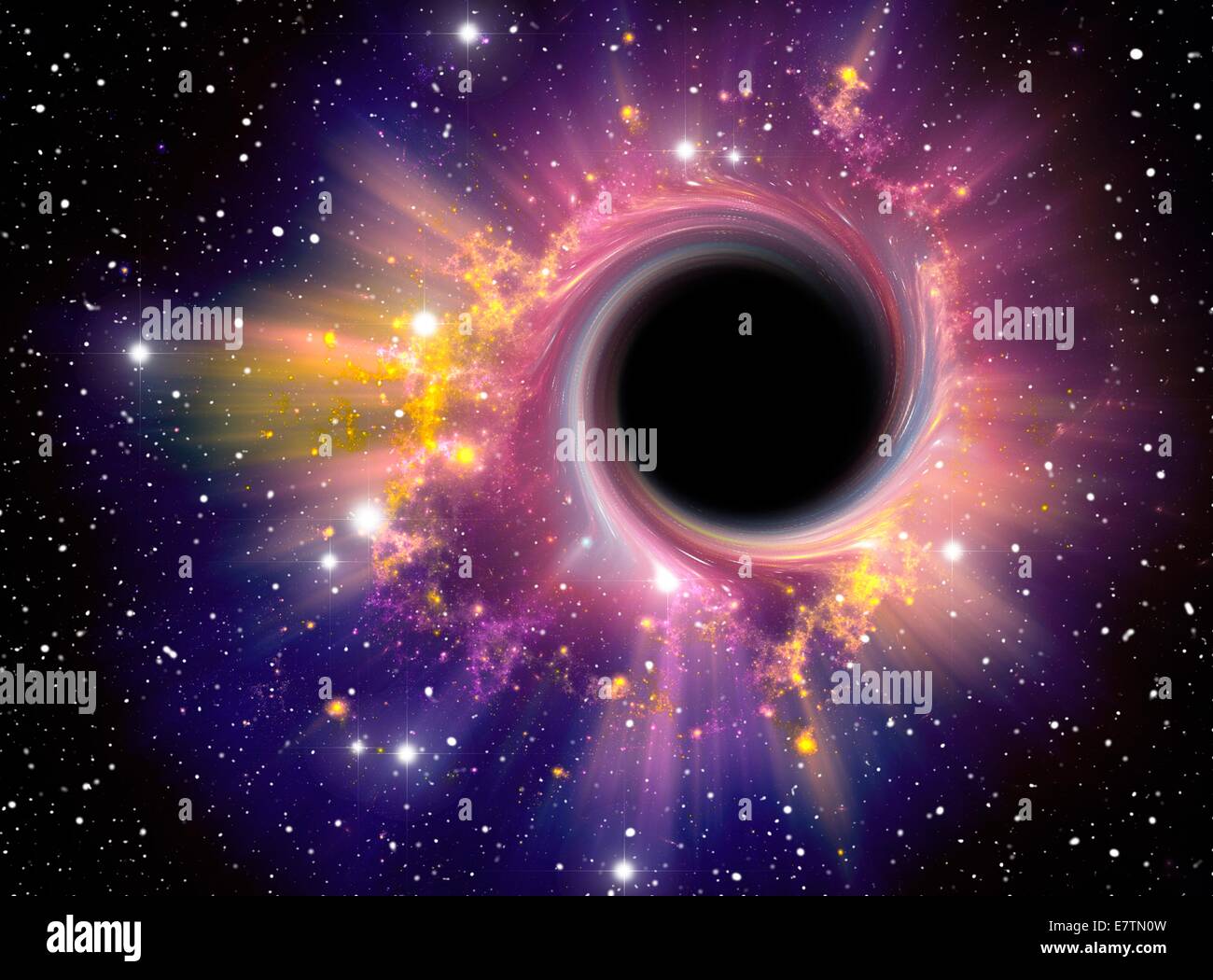 Black hole. Computer artwork representing a black hole against a starfield. A black hole is a super- dense object, thought to form from the collapse of a huge star. Due to their incredible mass, the gravitational field around them is so strong that not ev Stock Photo