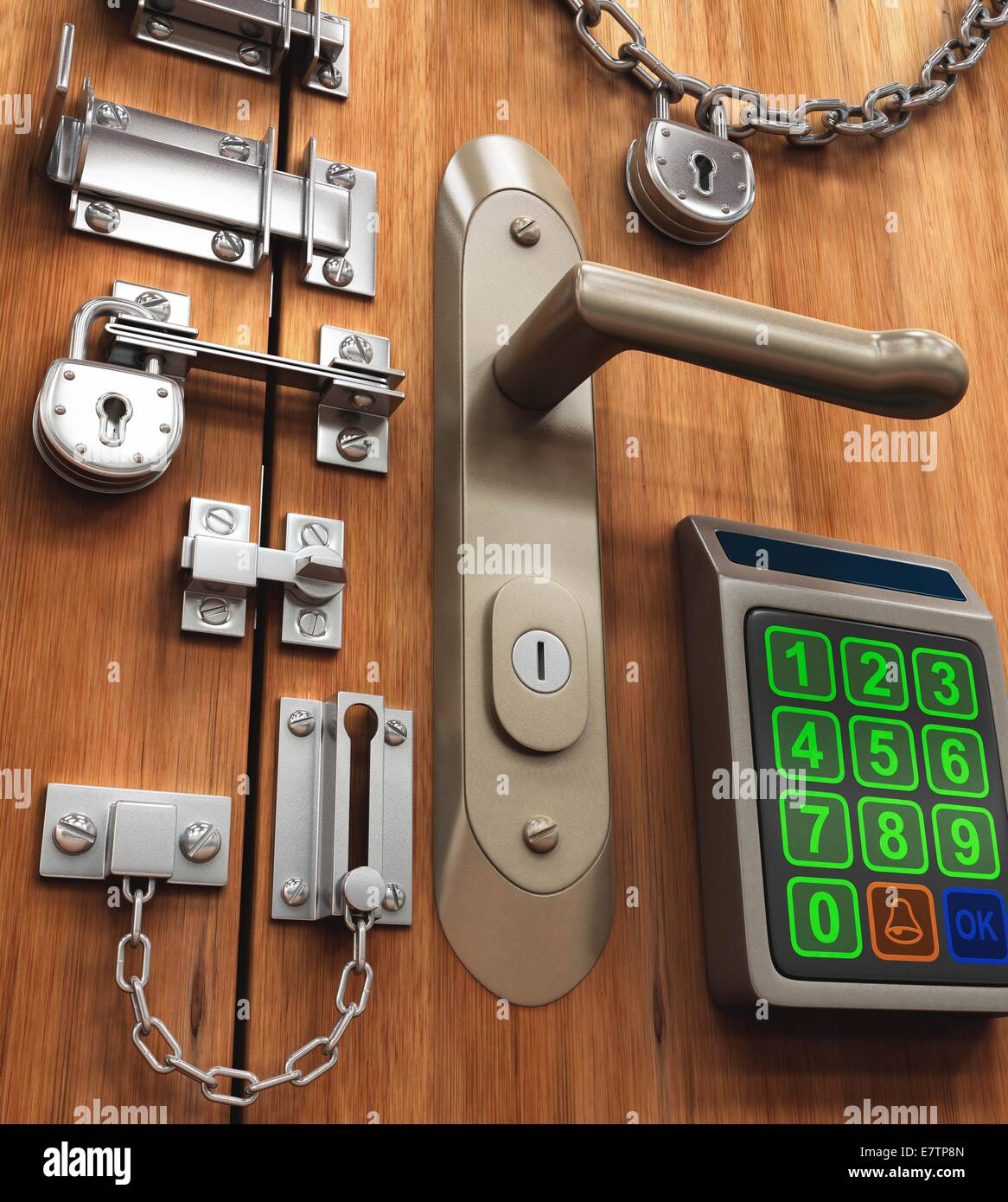 Door with various locks, conceptual artwork, Stock Photo