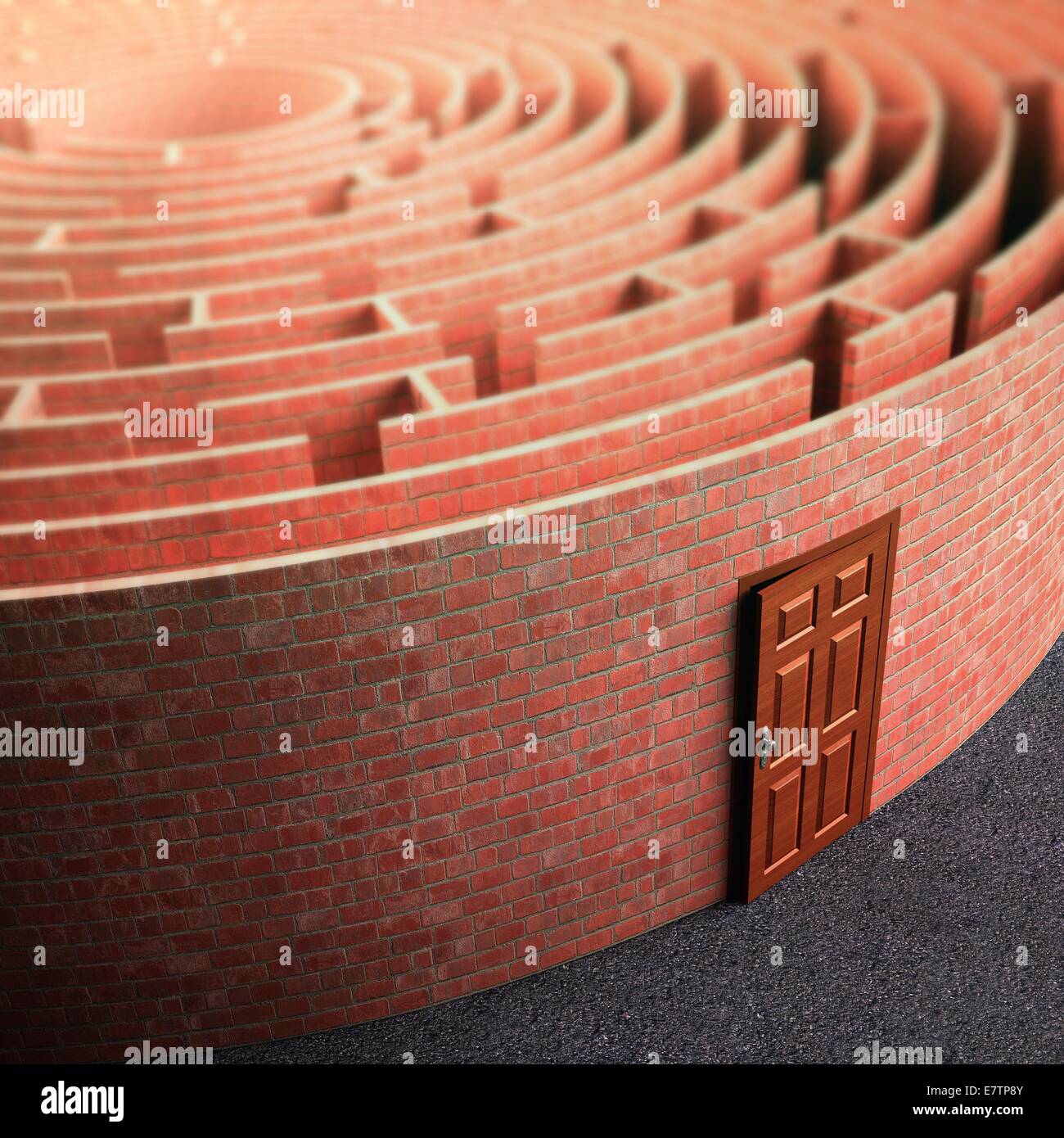 Labyrinth with a door, conceptual artwork. Stock Photo