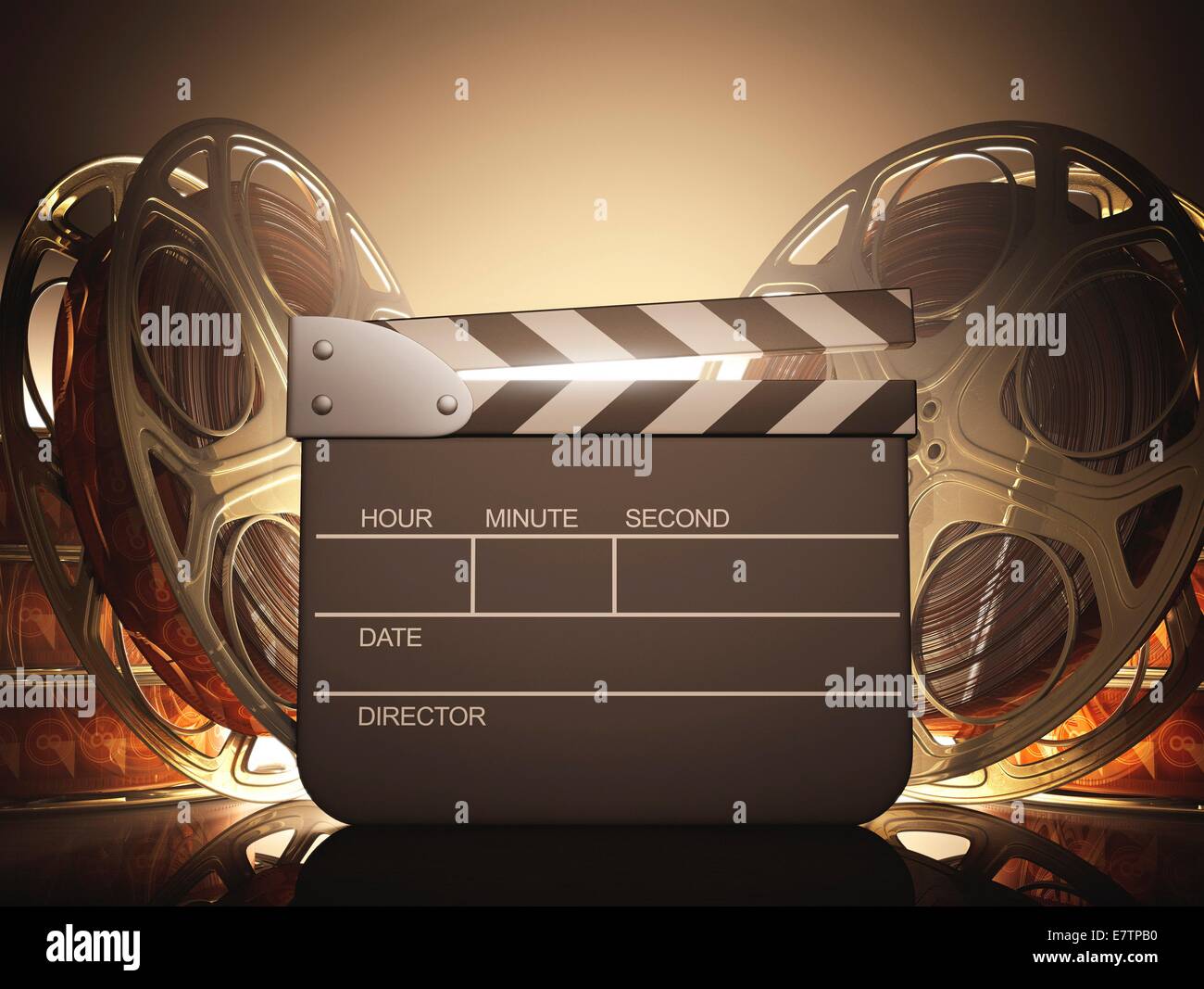 Clapperboard and cinema film reel, computer artwork. Stock Photo