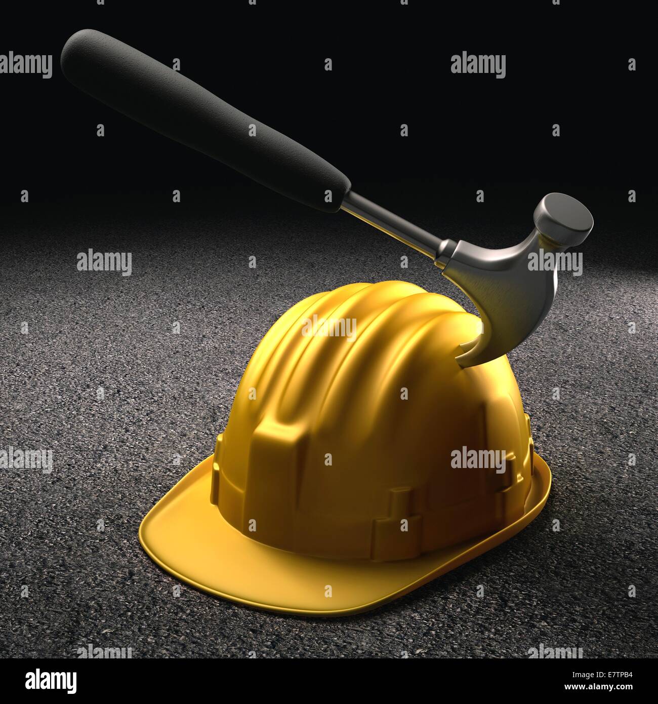 Hammer hitting a hard hat, conceptual artwork. Stock Photo