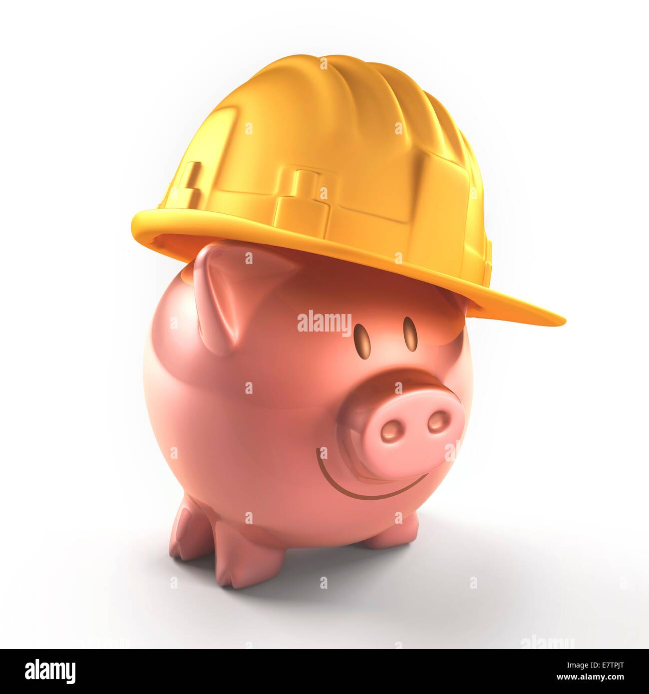 Piggy bank wearing a hard hat, conceptual artwork. Stock Photo