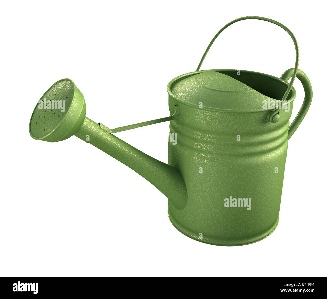 Green watering can against a white background, computer artwork. Stock Photo