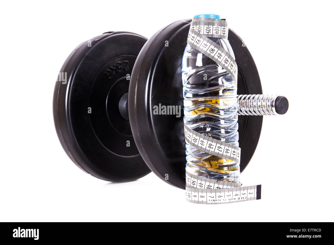 Plastic water bottle with tape measure and dumbbell, barbell, isolated