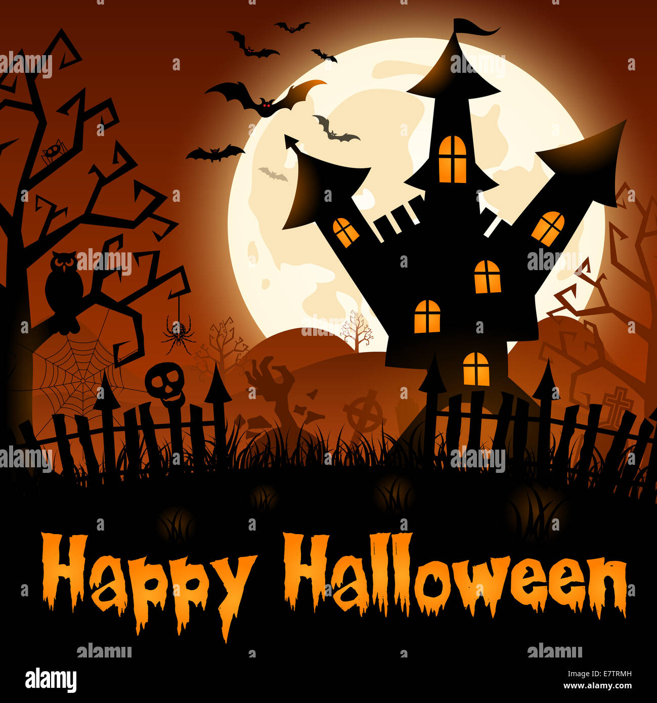 Halloween Poster with Castle on Full Moon Background, illustration Stock Photo