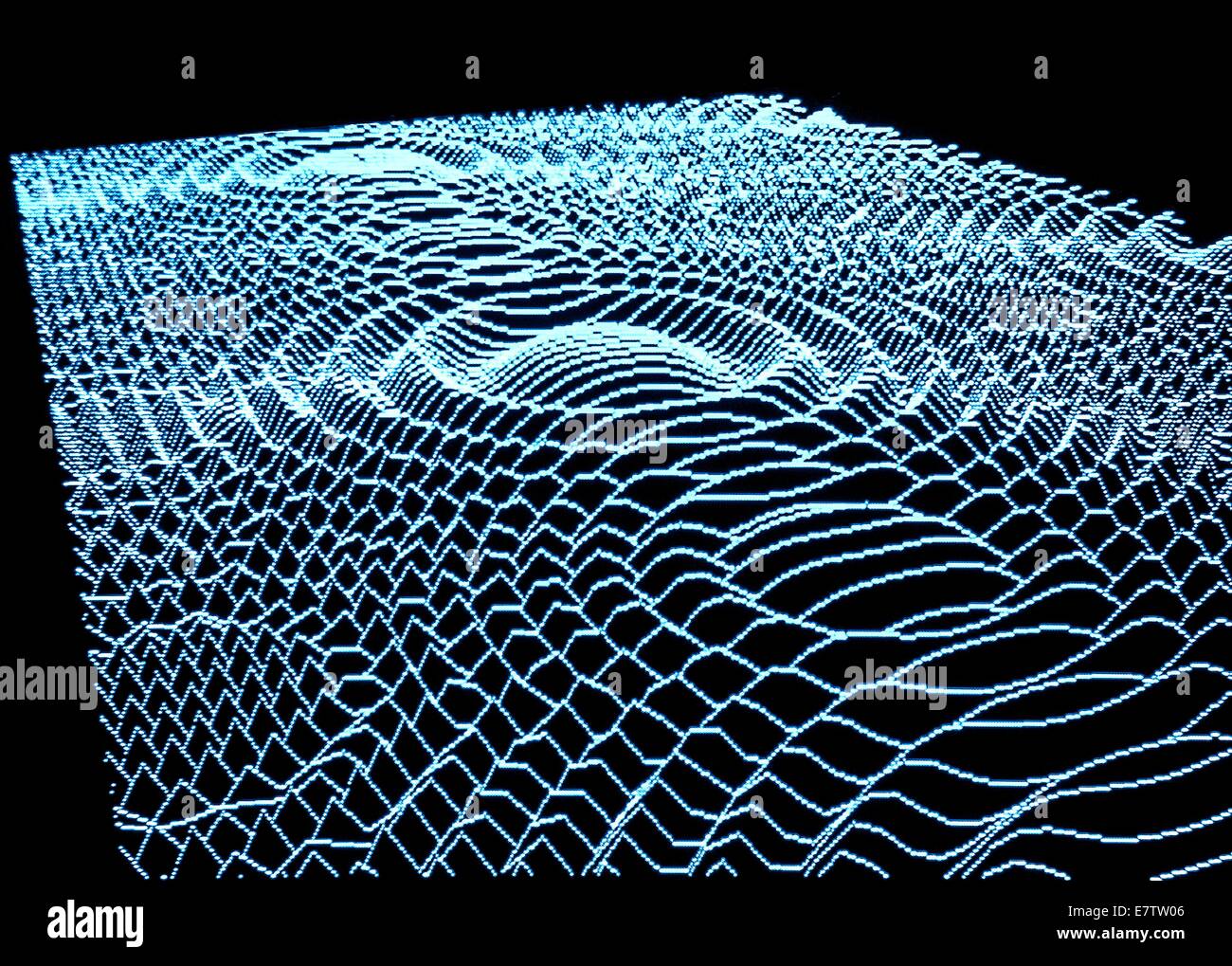 Interference patterns. Computer artwork showing sets of circular waves interacting with each other. At the point where a wave peak from one hits a wave peak from another, or a trough hits a trough, they reinforce each other; their magnitudes are summed. T Stock Photo