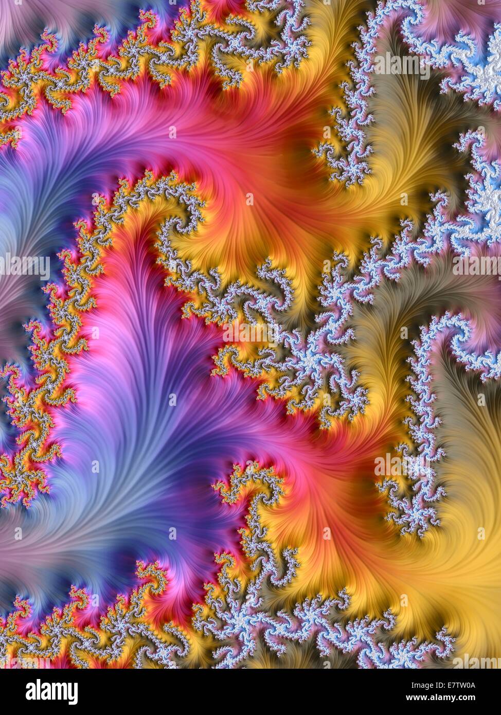 Julia fractal. Computer-generated dragon fractal derived from the Julia Set. Fractals are patterns that are formed by repeated subdivisions using some simple mathematical process. The large scale features of the pattern are repeated forever on an ever dec Stock Photo