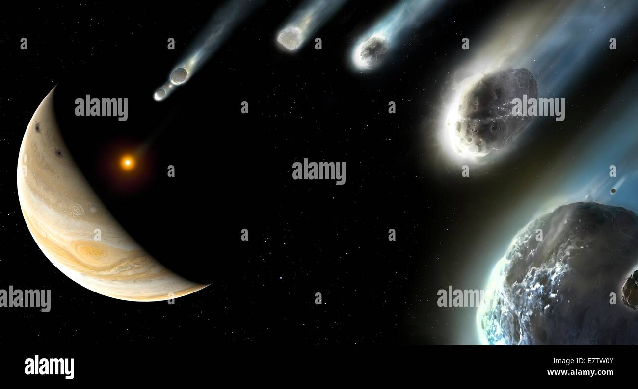 Artist's impression of fragments of Comet Shoemaker-Levy 9 approaching and striking the planet Jupiter in July 1994. Fragments of the comet are seen in the foreground, outgassing in the solar wind. Gas of different colours is produced by different element Stock Photo