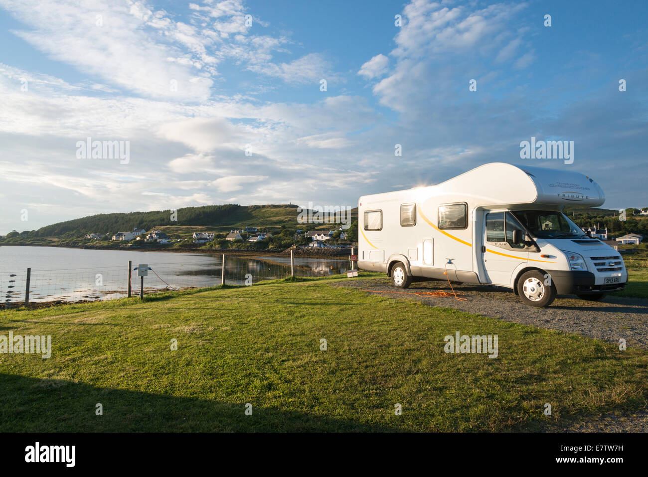 A motorhome parked on Kinloch Campsite  on the edge of Loch Dunvegan Isle of Skye Scotland UK Stock Photo