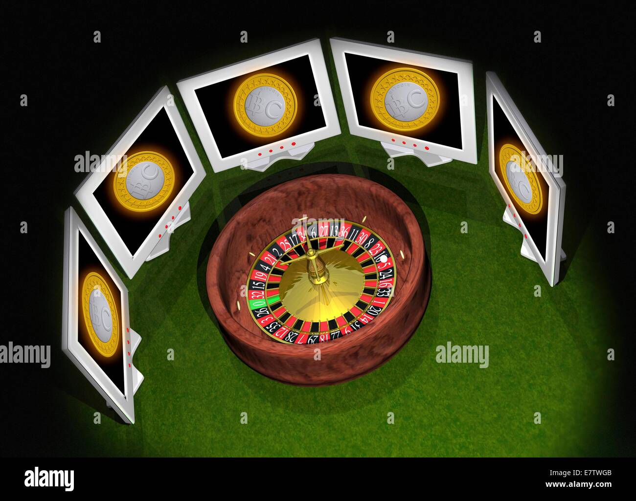 Roulette wheel and bitcoins, computer artwork. Stock Photo