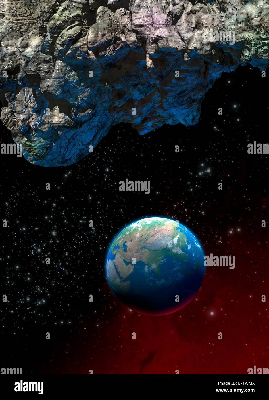 Asteroid and planet earth, computer artwork. Stock Photo