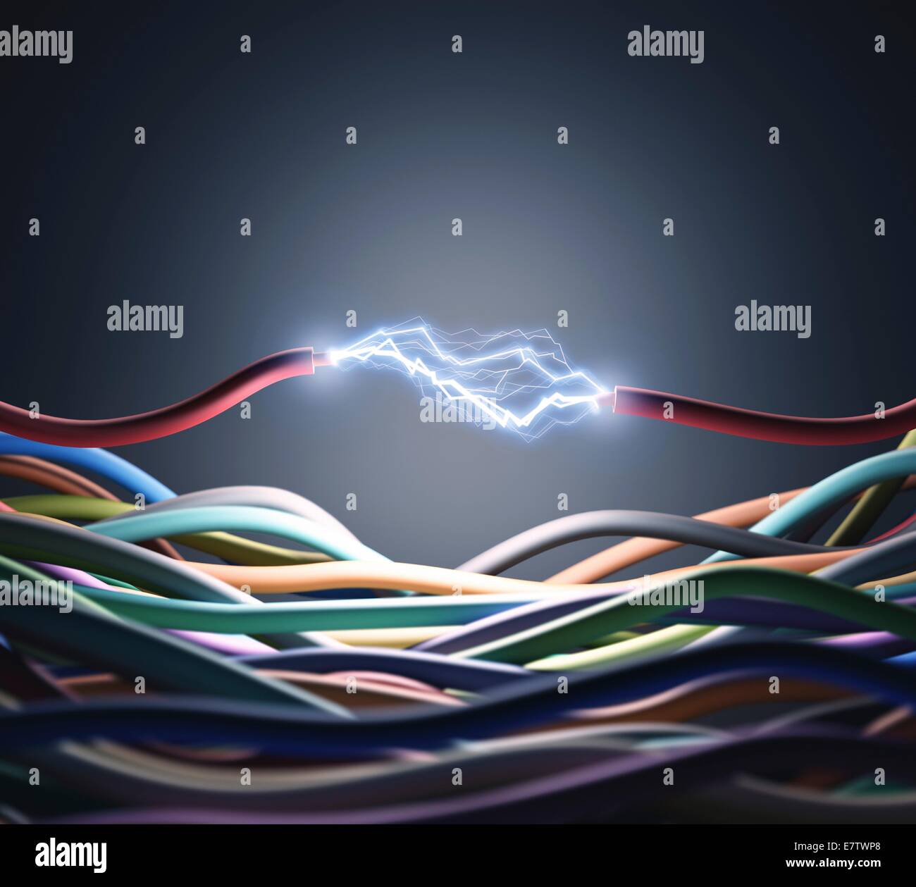 Electricity cable with sparks, computer artwork. Stock Photo