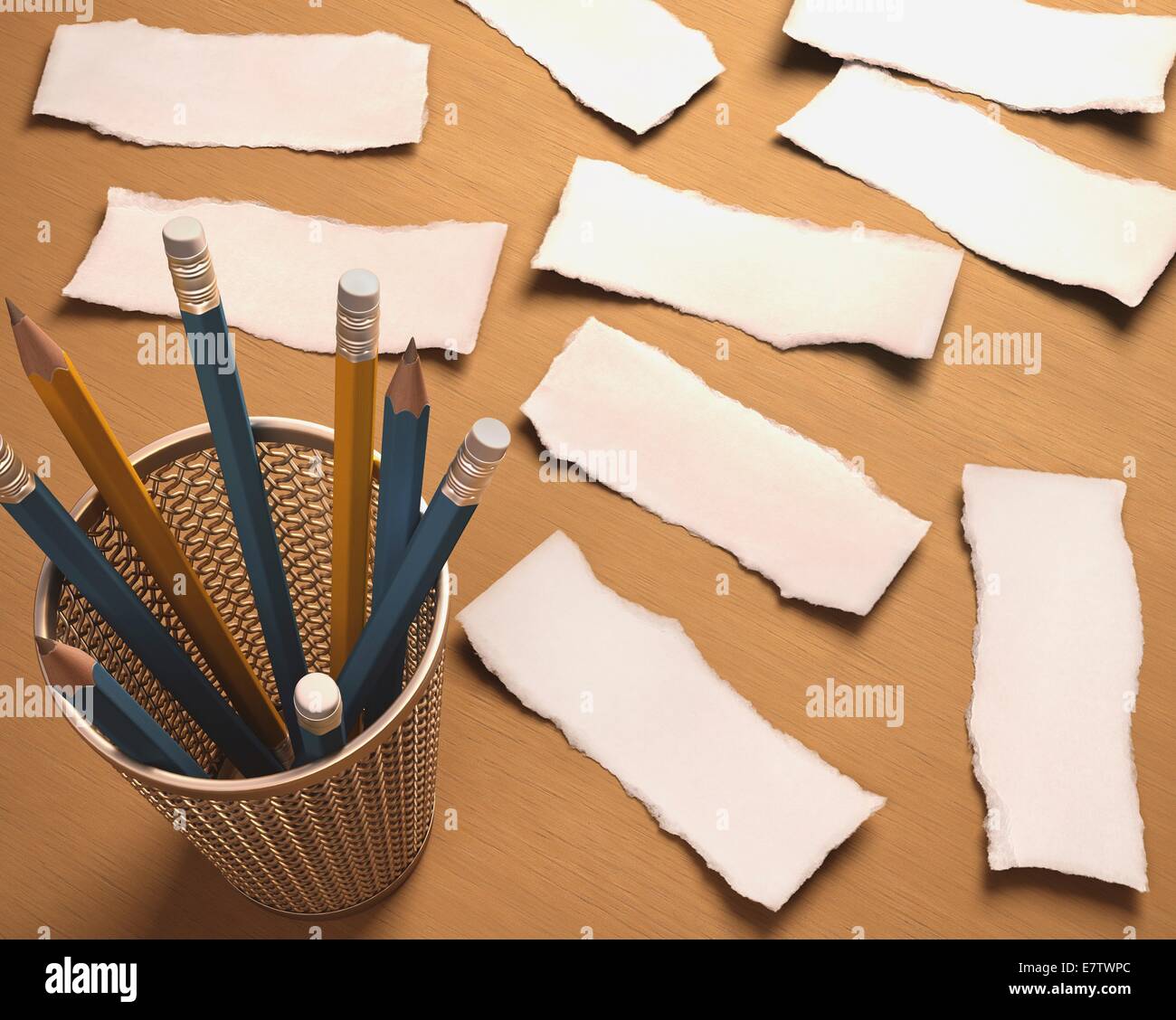 Blank pieces of paper and a pot of pencils, computer artwork. Stock Photo