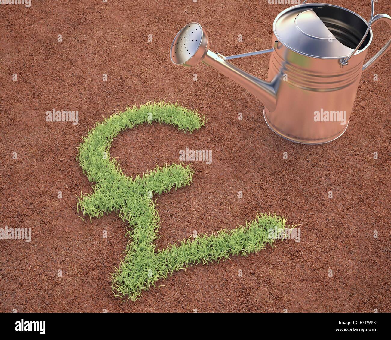Pound sign and watering can, conceptual artwork. Stock Photo