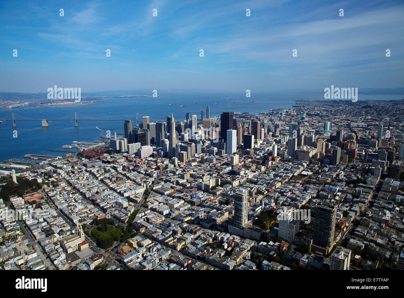 Washington Square Park, and Columbus Avenue leading downtown San Francisco, California, USA - aerial Stock Photo