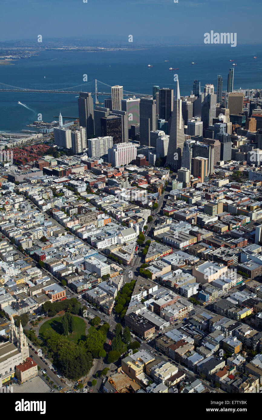 Washington Square Park, and Columbus Avenue leading to downtown San Francisco, USA - aerial Stock Photo
