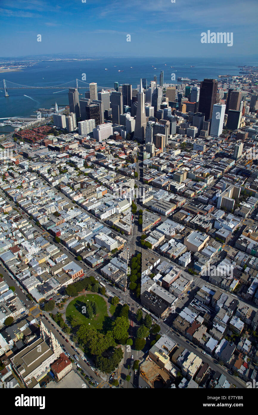 Washington Square Park, and Columbus Avenue leading downtown San Francisco, and San Francisco, California, USA  - aerial Stock Photo