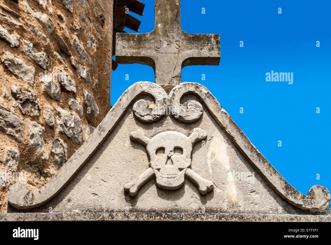 Rennes-le-Château skull and cross over the church Stock Photo