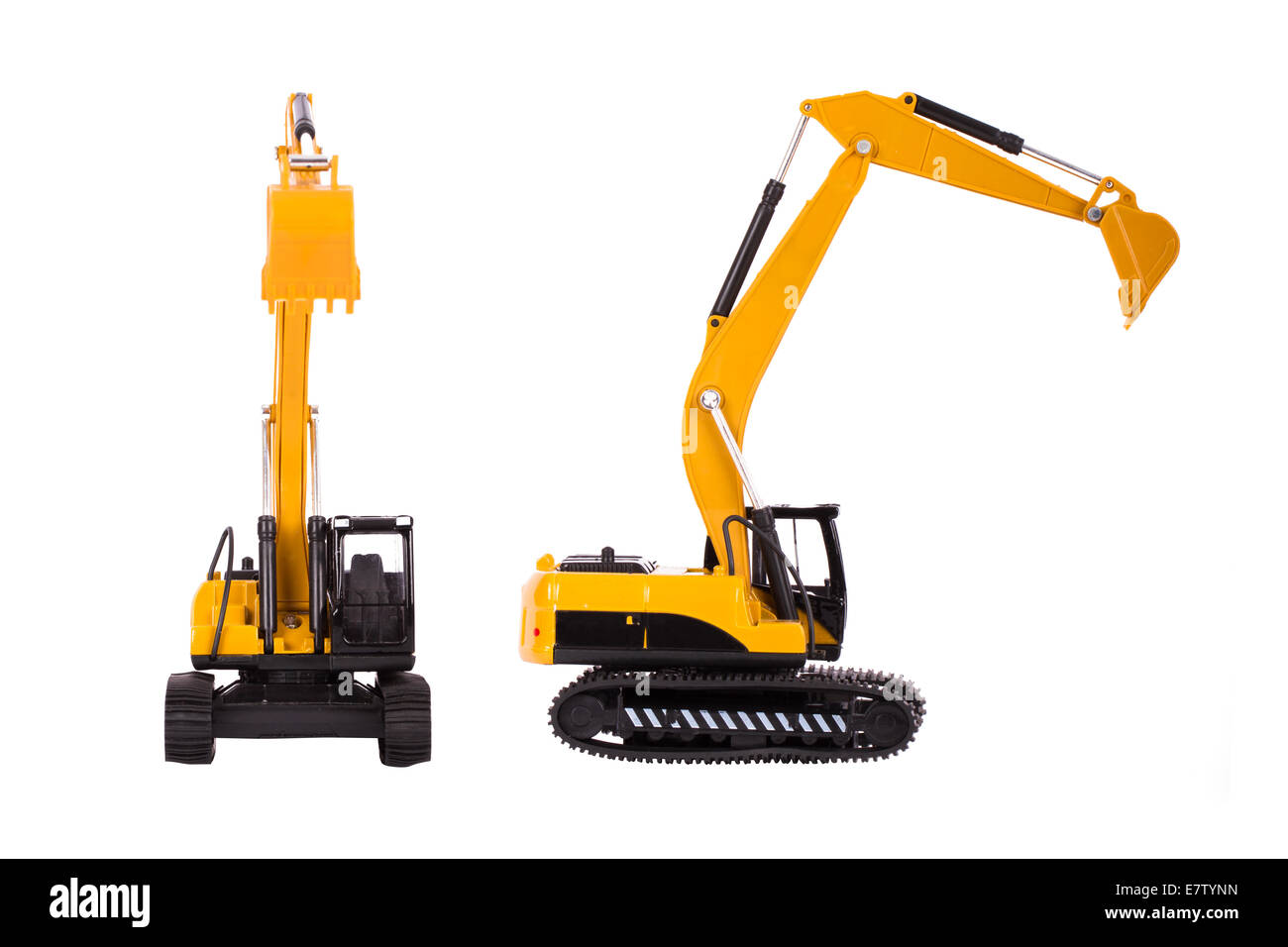 Construction machine, front and side view of excavator, isolated on white background. Stock Photo