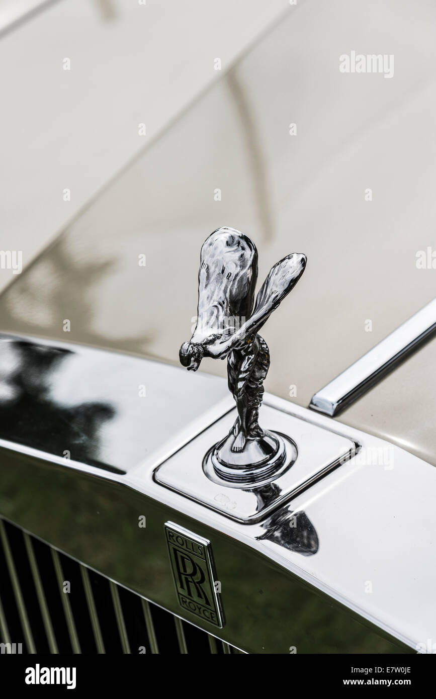 Famous Silver Lady or Flying lady a small  bonnet ornament on a Rolls Royce car Derbyshire England Stock Photo