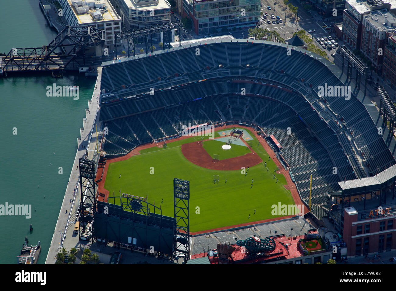 AT&T Park / Giants Ballpark (home of San Francisco Giants baseball team), San Francisco, California, USA - aerial Stock Photo