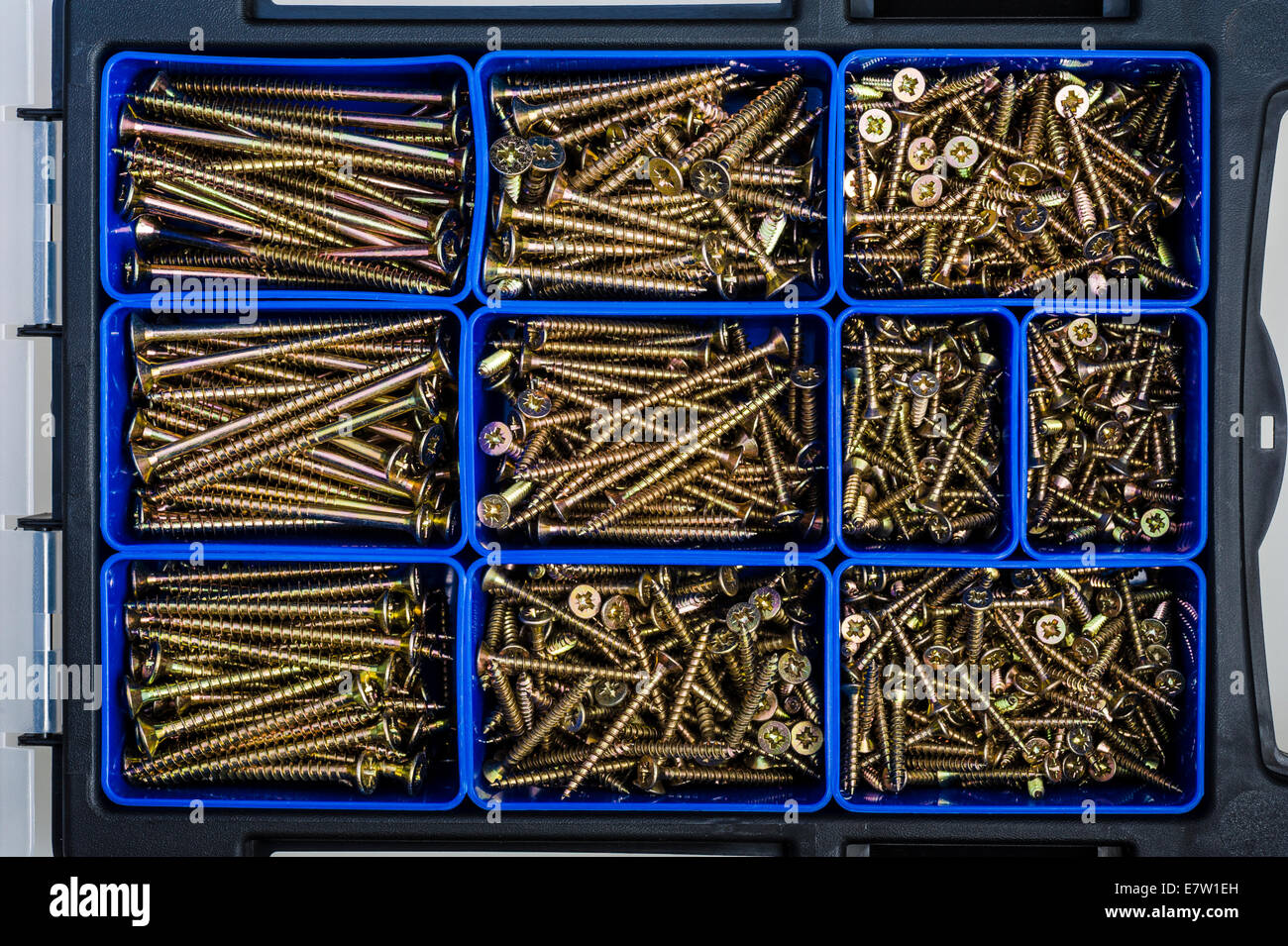 Close up of a plastic storage container, filled with a mixed range of wood screws. Stock Photo
