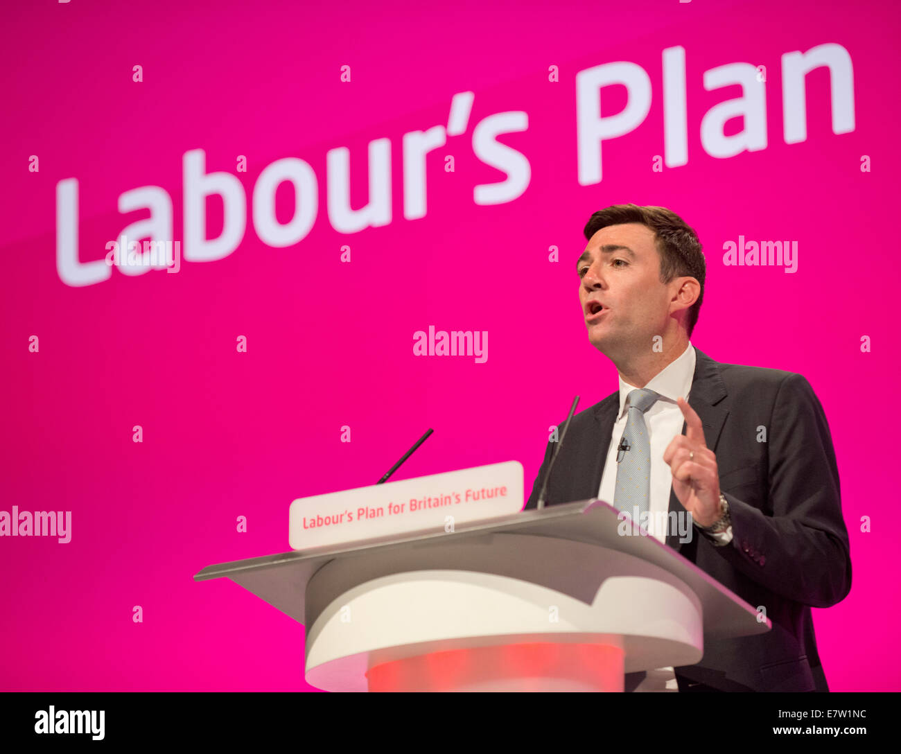 MANCHESTER, UK. 24th September, 2014. Andy Burnham, Shadow Secretary of State for Health, addresses the auditorium on day four of the Labour Party's Annual Conference taking place at Manchester Central Convention Complex Credit:  Russell Hart/Alamy Live News. Stock Photo