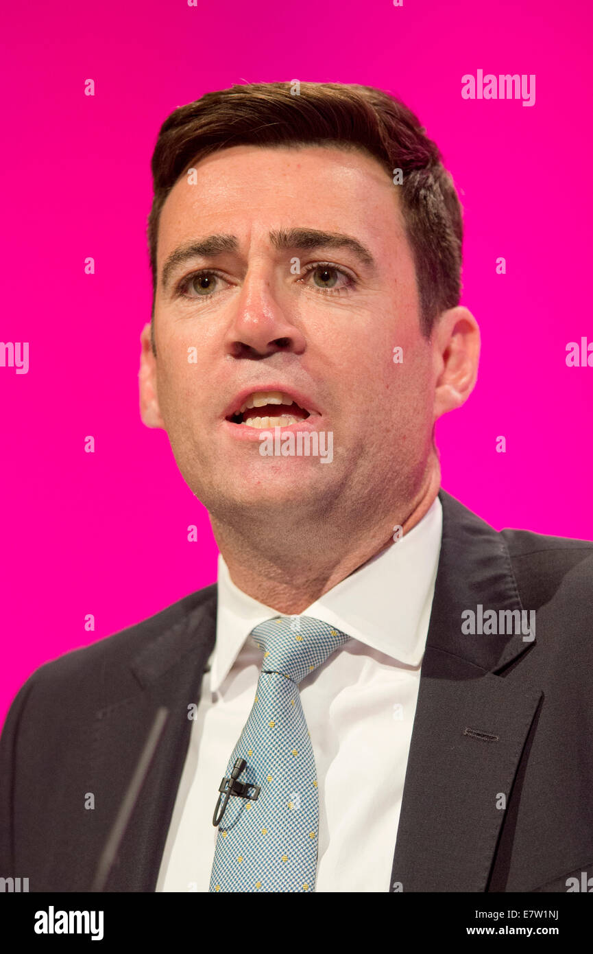MANCHESTER, UK. 24th September, 2014. Andy Burnham, Shadow Secretary of State for Health, addresses the auditorium on day four of the Labour Party's Annual Conference taking place at Manchester Central Convention Complex Credit:  Russell Hart/Alamy Live News. Stock Photo