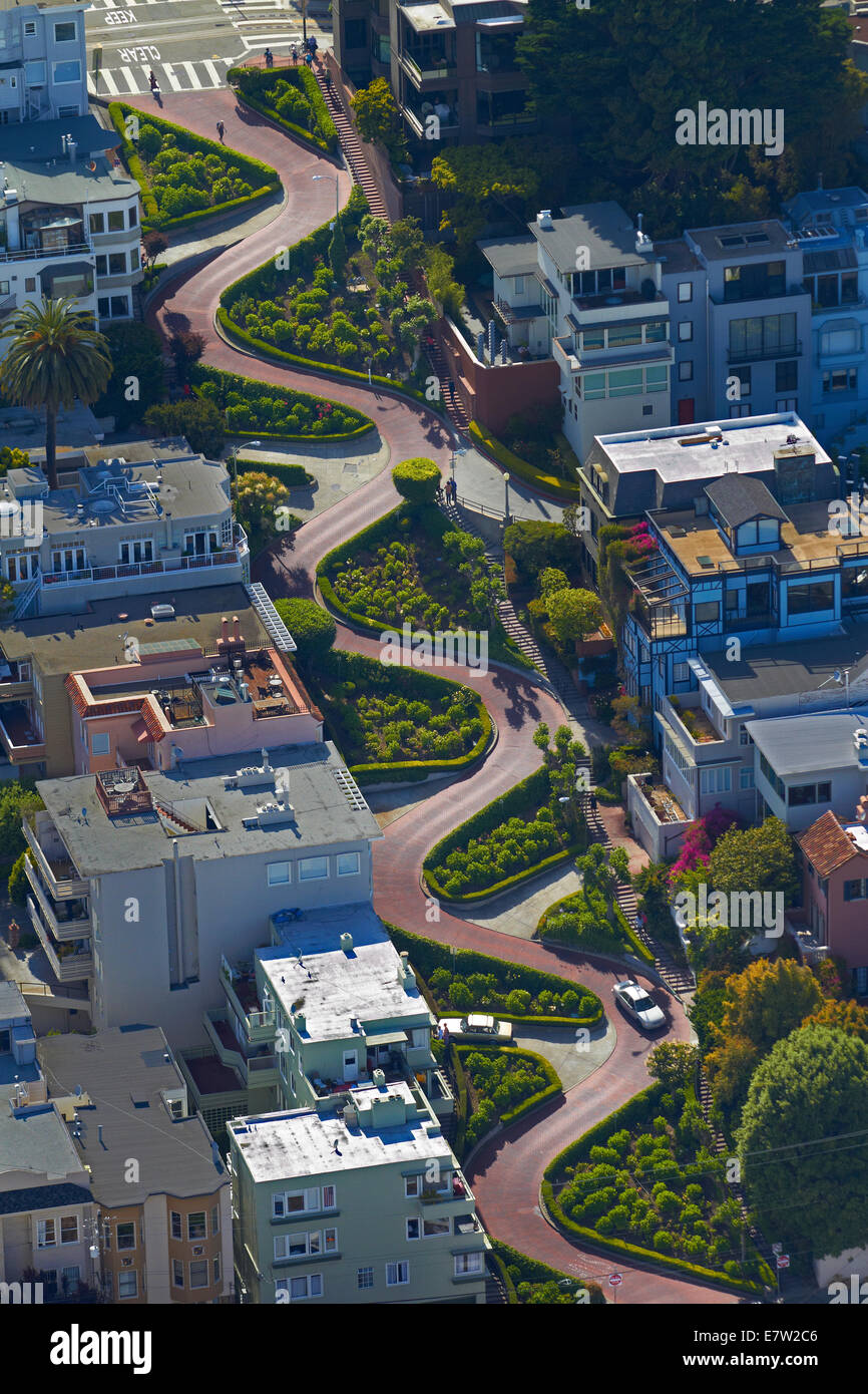 Lombard Street (claimed to be the world’s crookedest street), Russian Hill neighborhood, San Francisco, California, USA - aerial Stock Photo