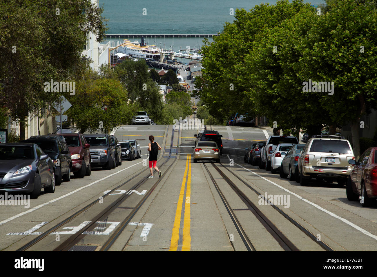 Cable car lines on Hyde Street, leading down to Fishermans Wharf, San