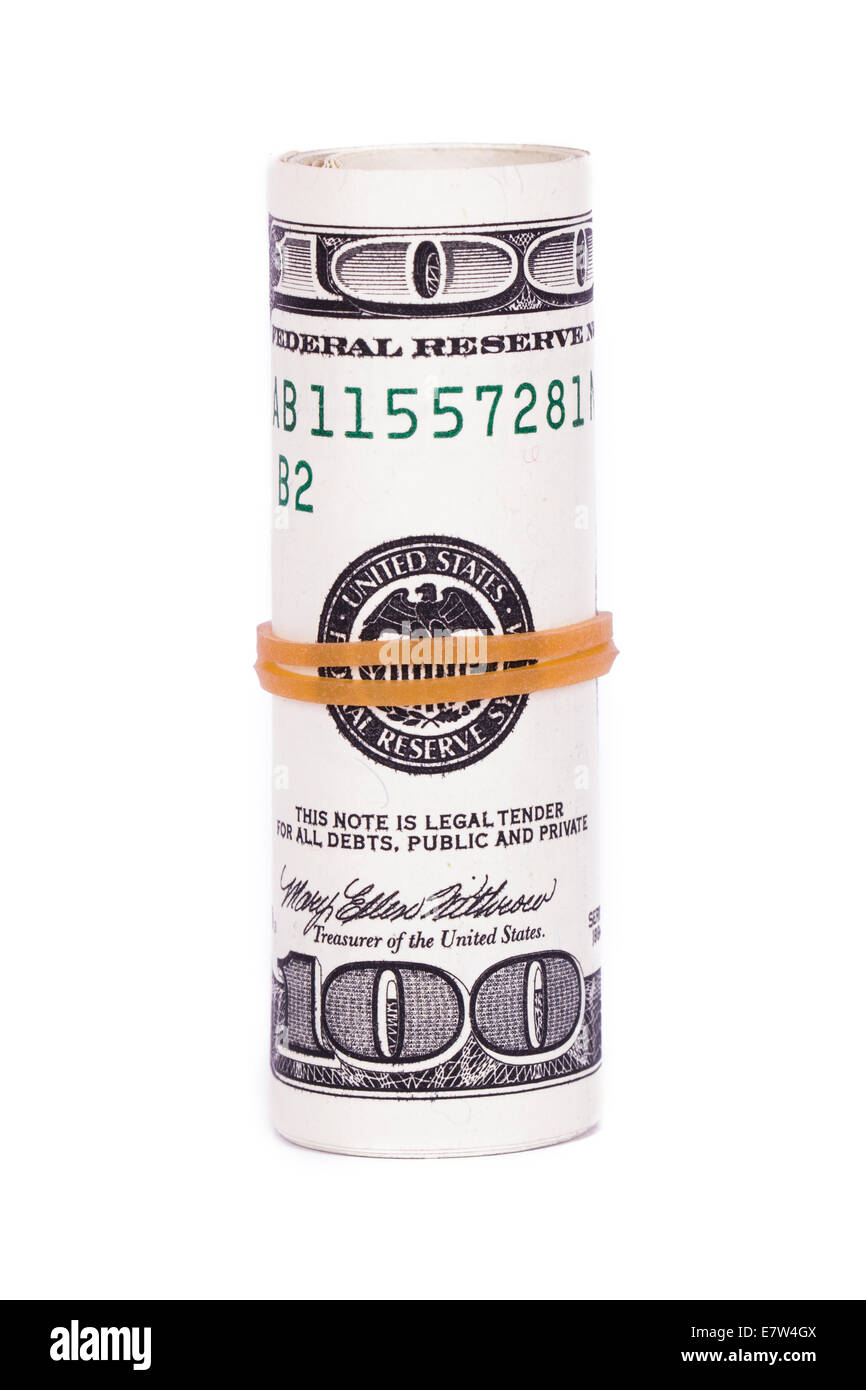 Roll of one hundred dollar banknotes, isolated on white background ...