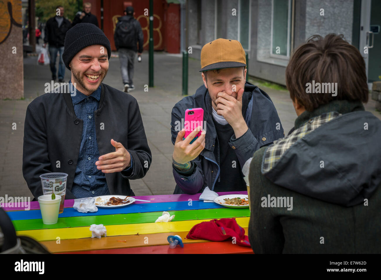 Group of males taking seflies during the annual Cultural Festival in Reykjavik, Iceland Stock Photo