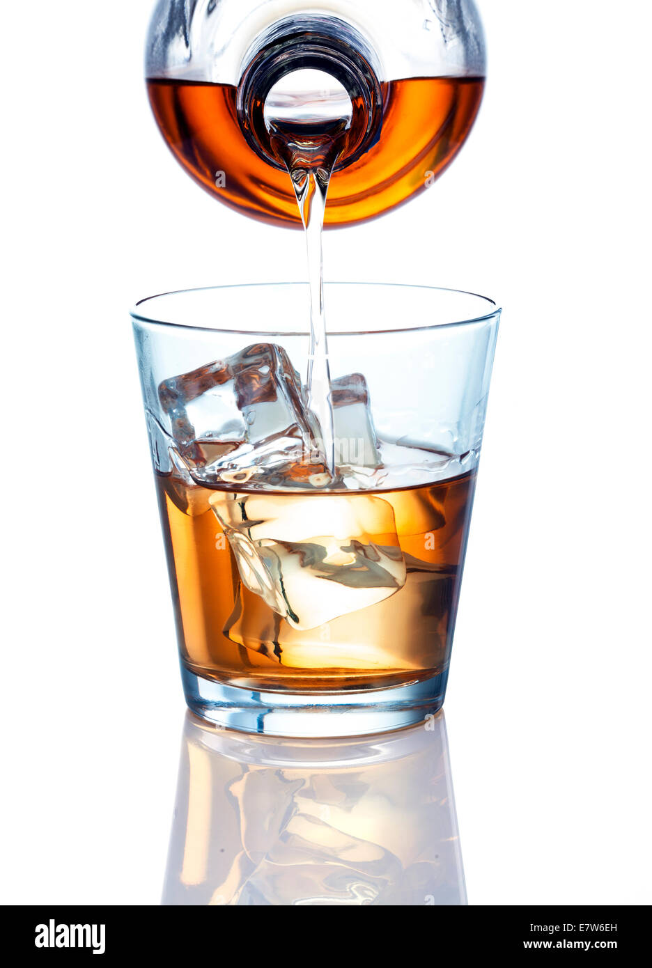 A bottle pouring a drink. Drink could be whiskey, dark rum, bourbon