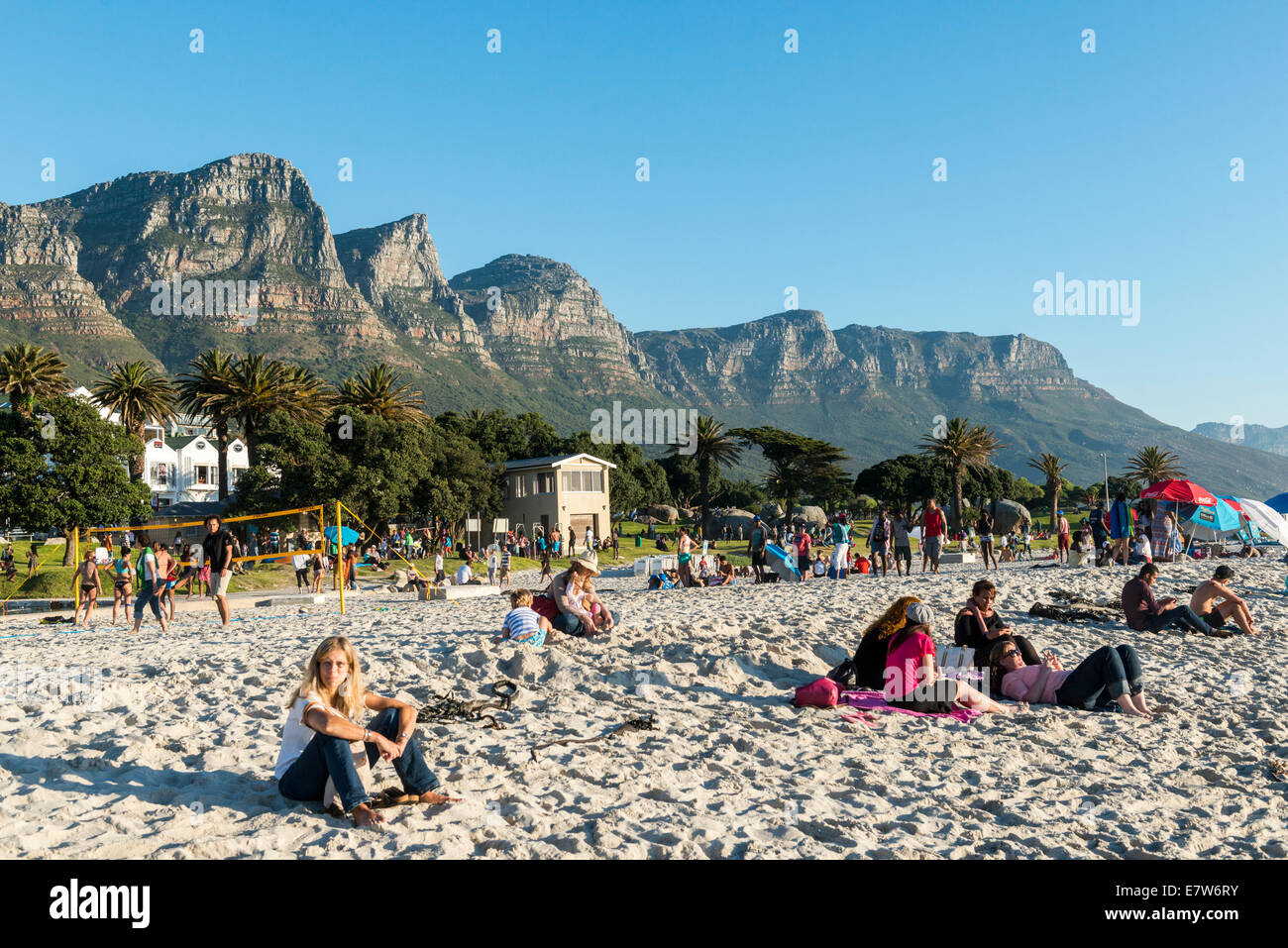 People on the beach of Camps Bay,Table Mountain in the background, Cape Town, South Africa Stock Photo