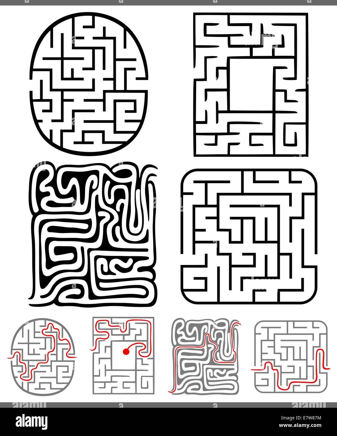 Set of Mazes or Labyrinths Graphic Diagrams for Children Education Stock Photo