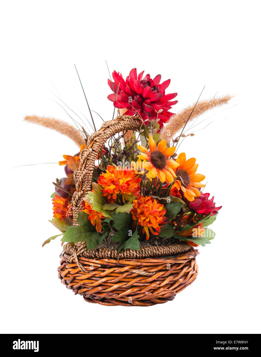 Autumn flower arrangement in a basket isolated on white Stock Photo