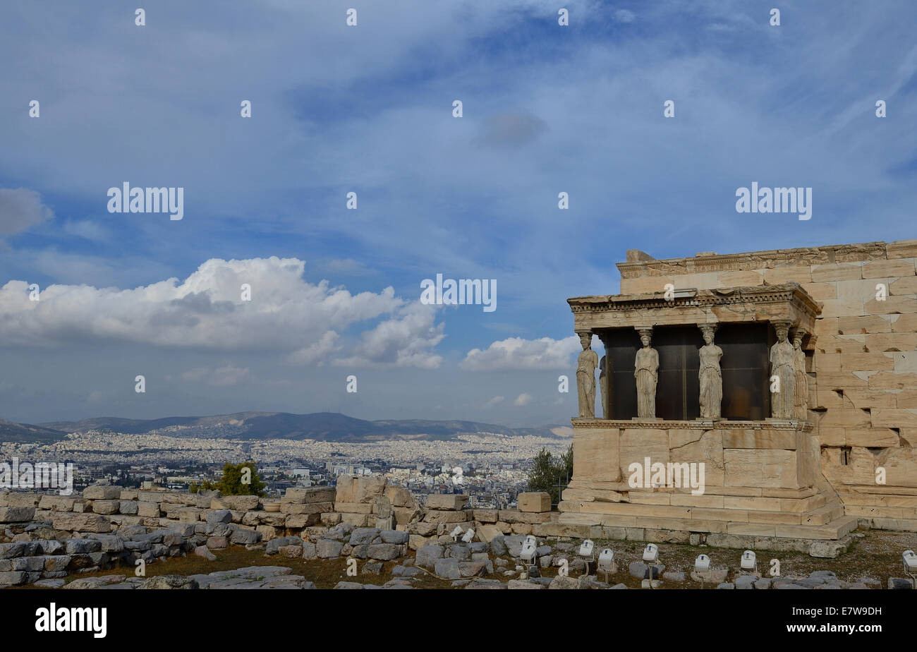 Caryatids in Erechtheum from Athenian Acropolis,Greece Stock Photo