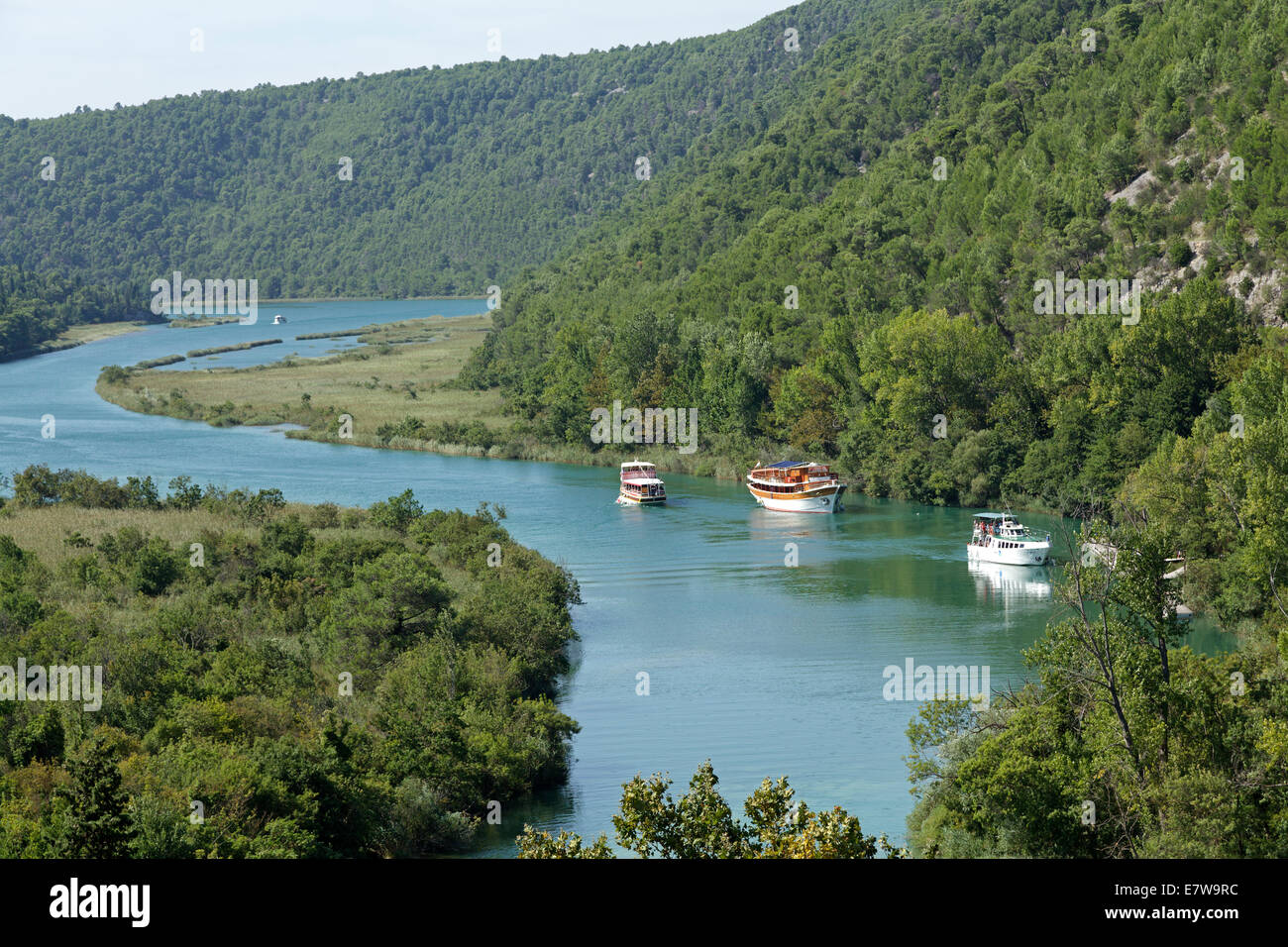 excursion boats going from Skradin to Krka National Park, Dalmatia, Croatia Stock Photo